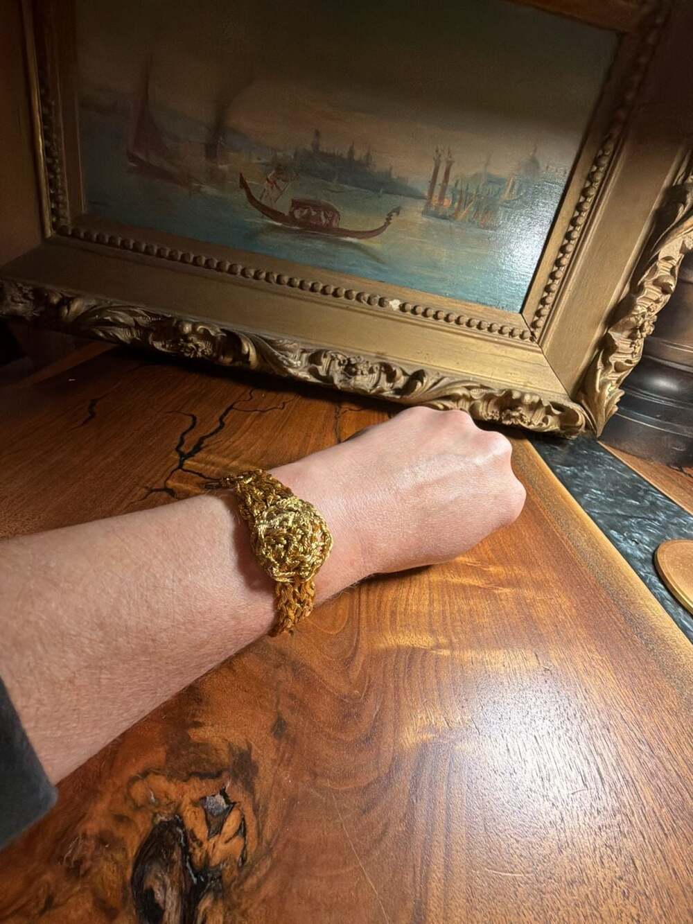 Vintage Metallic Gold Braided Cord Macrame Cuff Bracelet